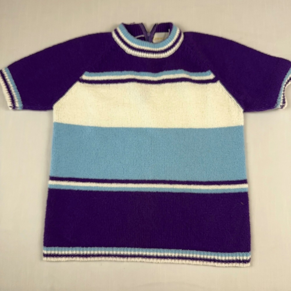 Vintage The Broadway Striped Short Sleeve Knit Sweater Purple Blue White Japan